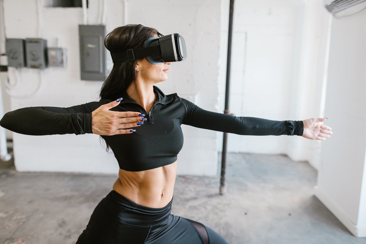 Woman engaging in fitness with VR headset indoors, exploring virtual workout technology.